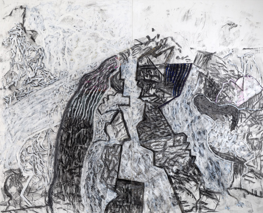 Conversation II<br>
acrylic and charcoal on canvas<br>
78 x 96 inches<br>
2012