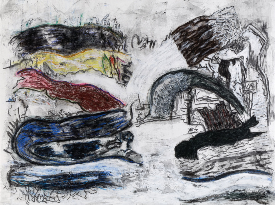 Flow at the Shore Divide<br>
acrylic, pastel, charcoal on canvas<br>
54 x 72 inches<br>
2011