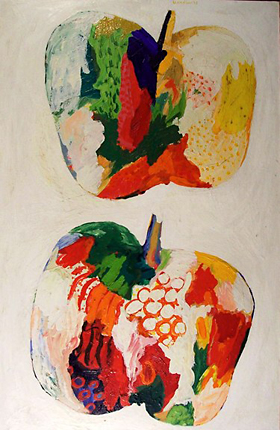 Stacked Apples<br>
oil on masonite<br>
35 x 23 inches<br>
1963