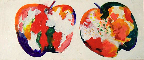 Two Apples<br>
oil on board<br>
5 x 12 inches<br>
1963