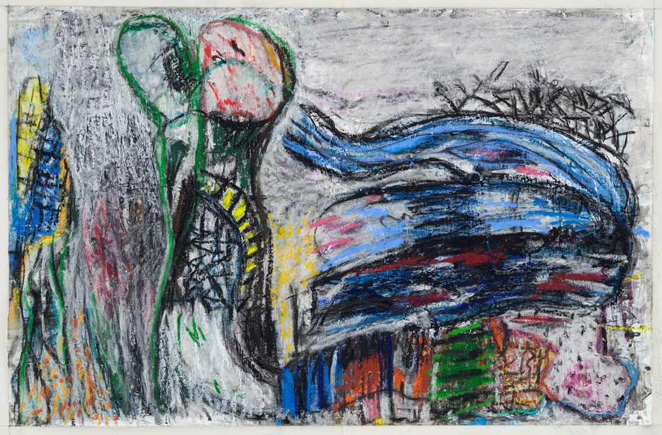 Not Alone<br>
mixed media on mylar<br>
16 x 31.5 inches<br>
2013
